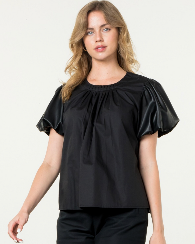 Leather Puff Sleeve Poplin Top