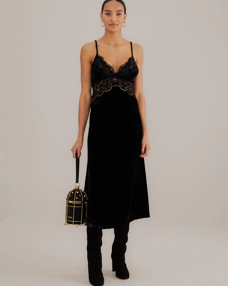 Farm Rio Black Richelieu Velvet Slip Dress