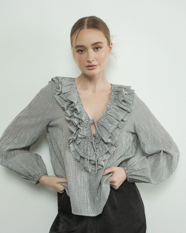 Checked Ruffle V Neck Blouse