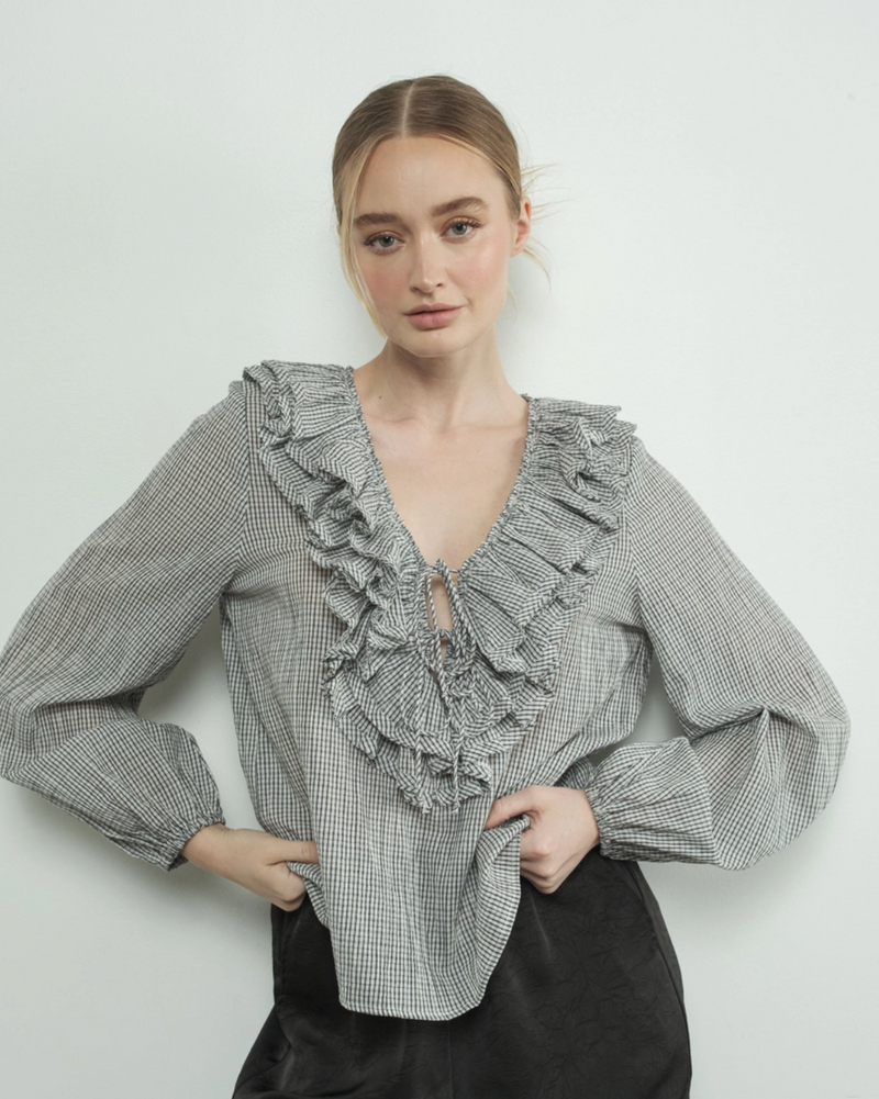 Checked Ruffle V Neck Blouse