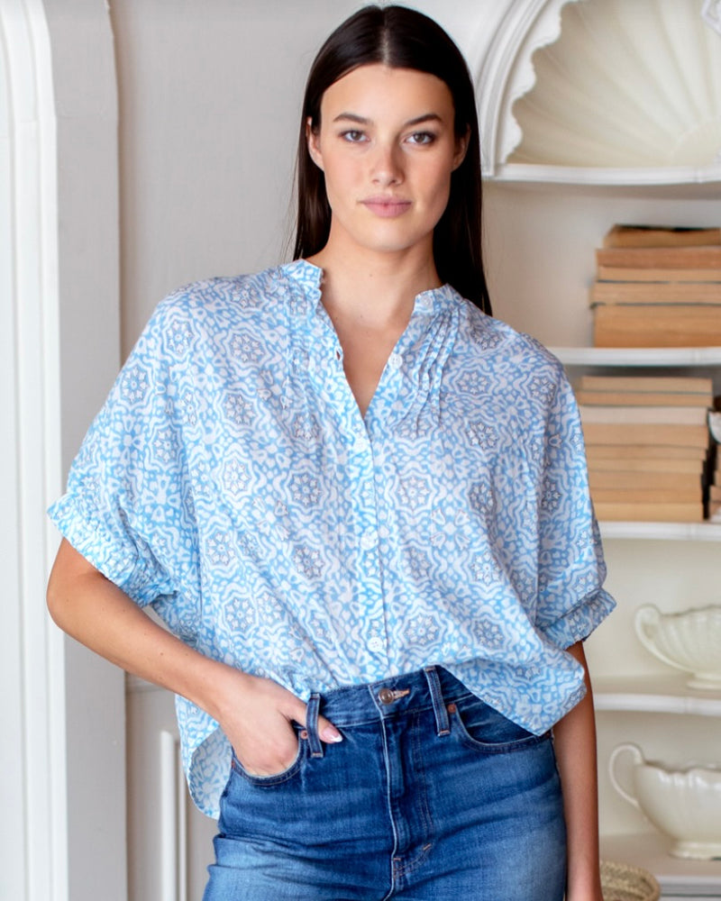 Emerson Fry Mandarin Collar Top in Geo Flowers Blue Organic