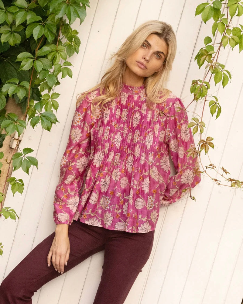 Oliphant Long Sleeve Pintuck Blouse in Presidio Magenta