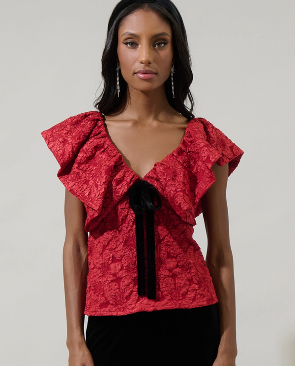 Jacquard Babydoll Top with Velvet Bow
