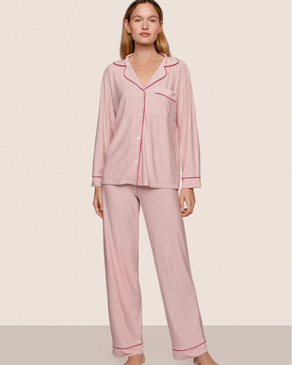 Eberjey Gisele Printed Long PJ Set in Duo Stripe Holly Red