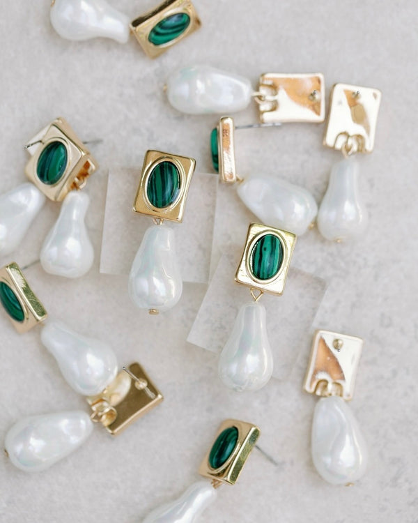 St. Armands Vintage Square Malachite & Natural Pearl Drop Earrings