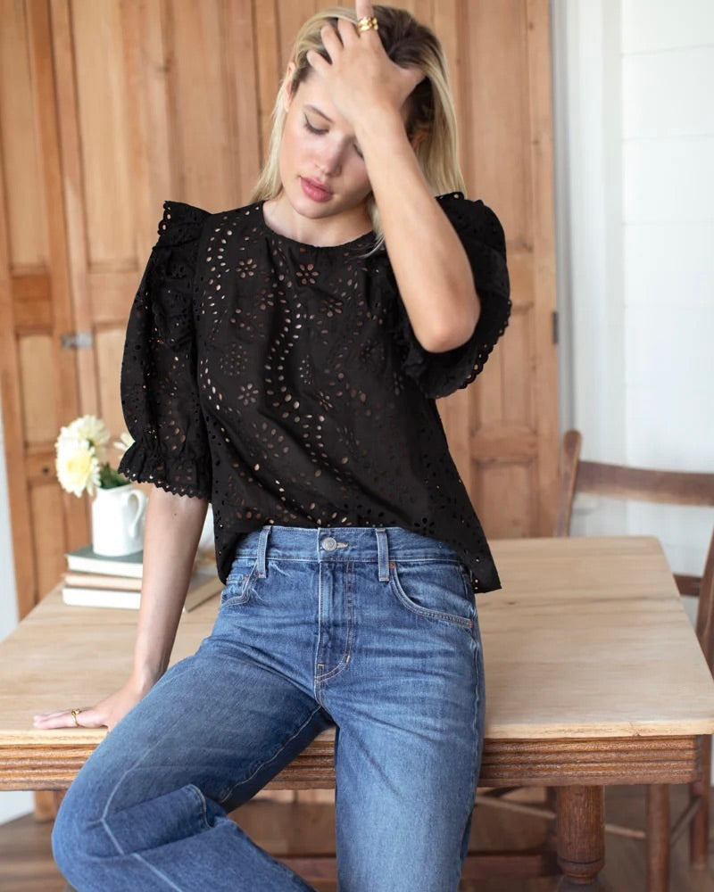Emerson Fry Black Eyelet Pearl Blouse