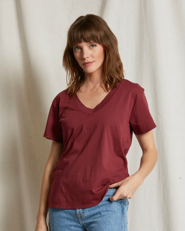 PWT Hendrix Cotton Boxy V Neck Tee in Cranberry