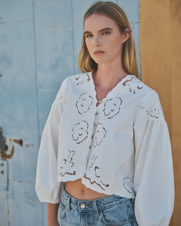 White Denim Floral Embroidery Blouse