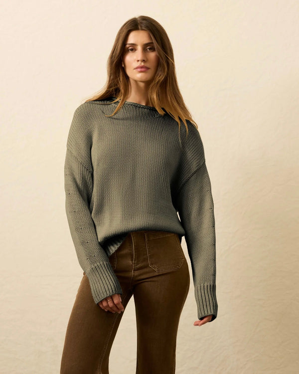 Faherty Sunwashed Cotton Roll Neck Sweater in Sage