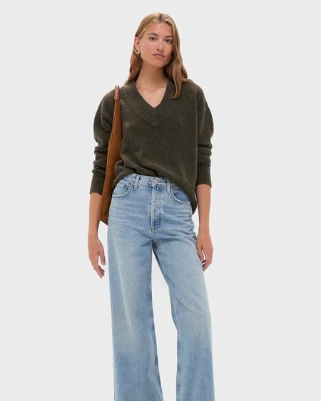 Emerson Fry Boxy V Neck Sweater in Olive Wool