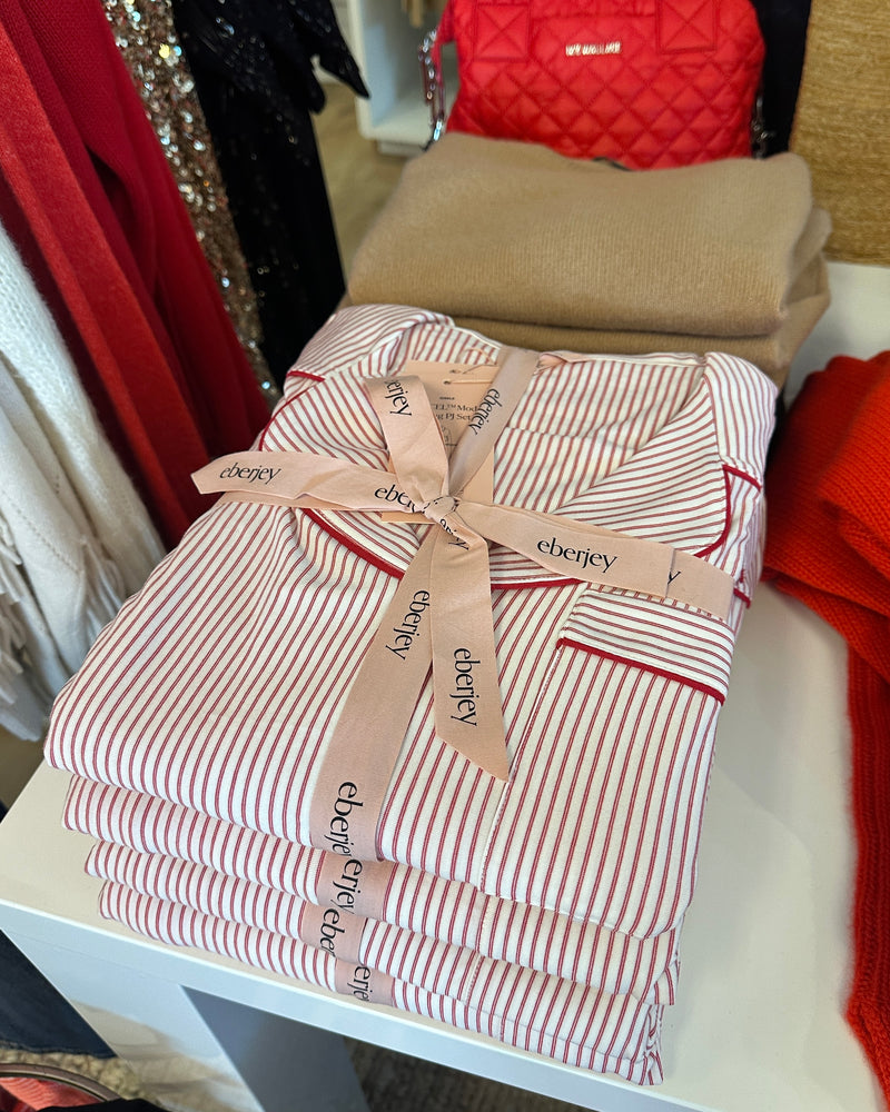 Eberjey Gisele Printed Long PJ Set in Duo Stripe Holly Red