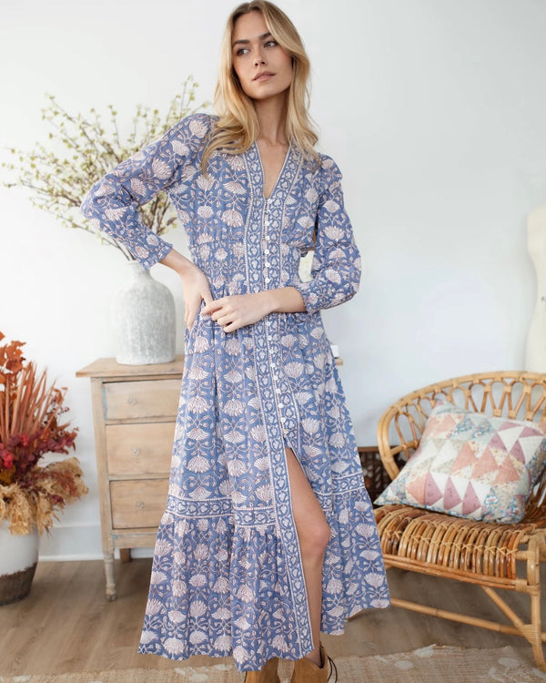 Marea Francesca Dress in Blue Indigo Lotus