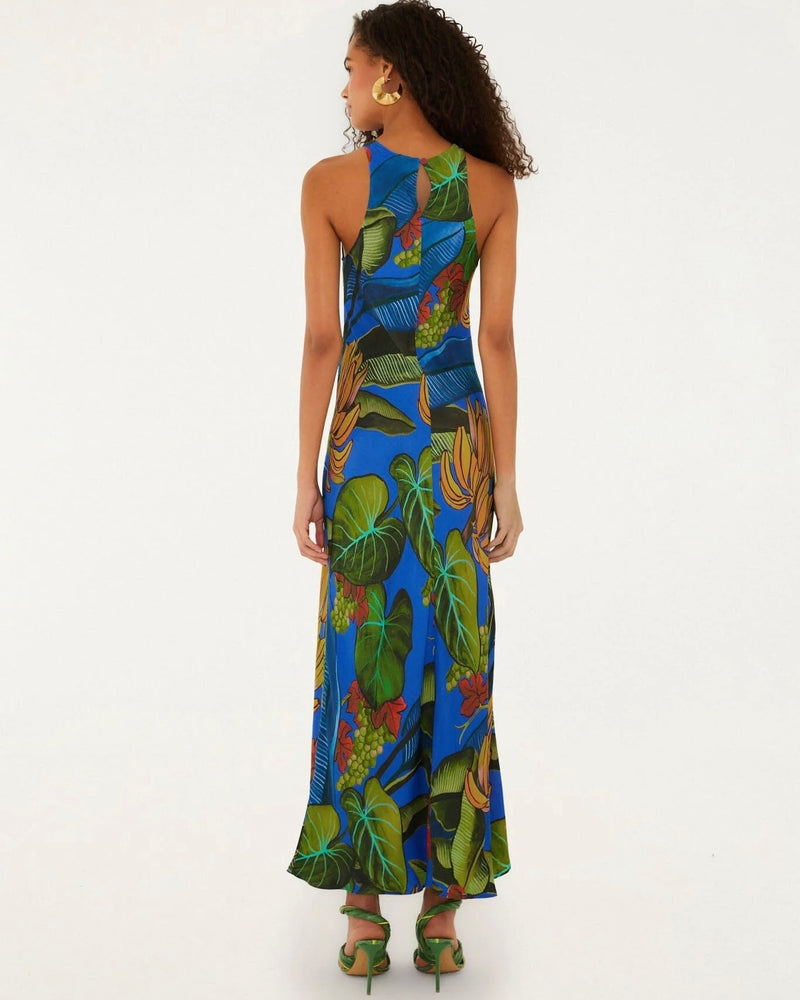Farm Rio Banana Grapes Blue Sleeveless Maxi Dress
