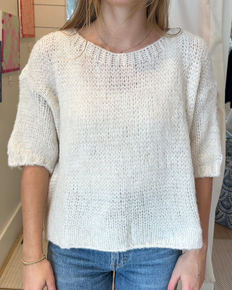 Fuzzy Knit Boat Neck 3/4 Sleeve Sweater