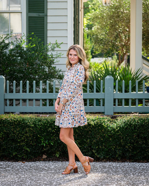 Sail to Sable Long Sleeve Tunic Flare Dress in Geo Floral