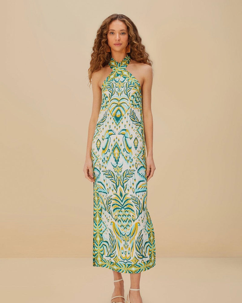 Farm Rio Tropical Tapestry Off-White Halter Neck Maxi Dress