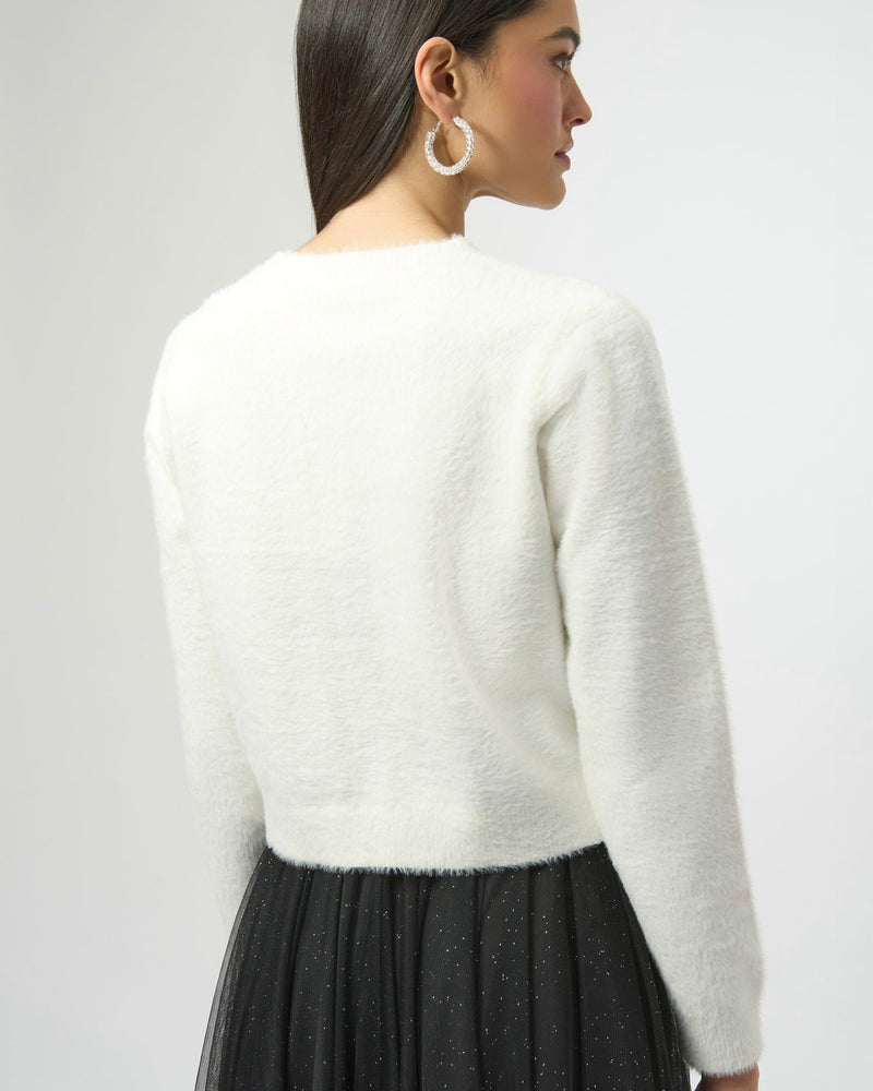 Joseph Ribkoff Feather Yarn Cardigan with Rhinestone Bow