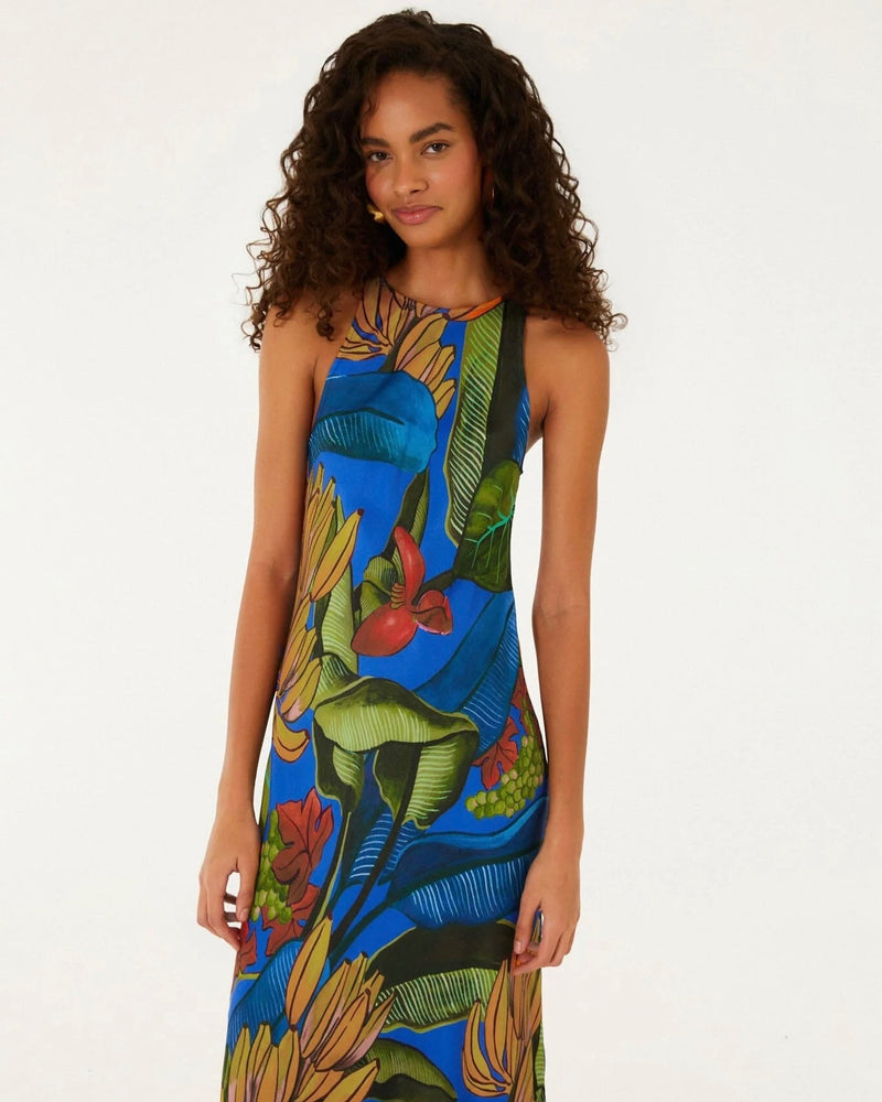 Farm Rio Banana Grapes Blue Sleeveless Maxi Dress