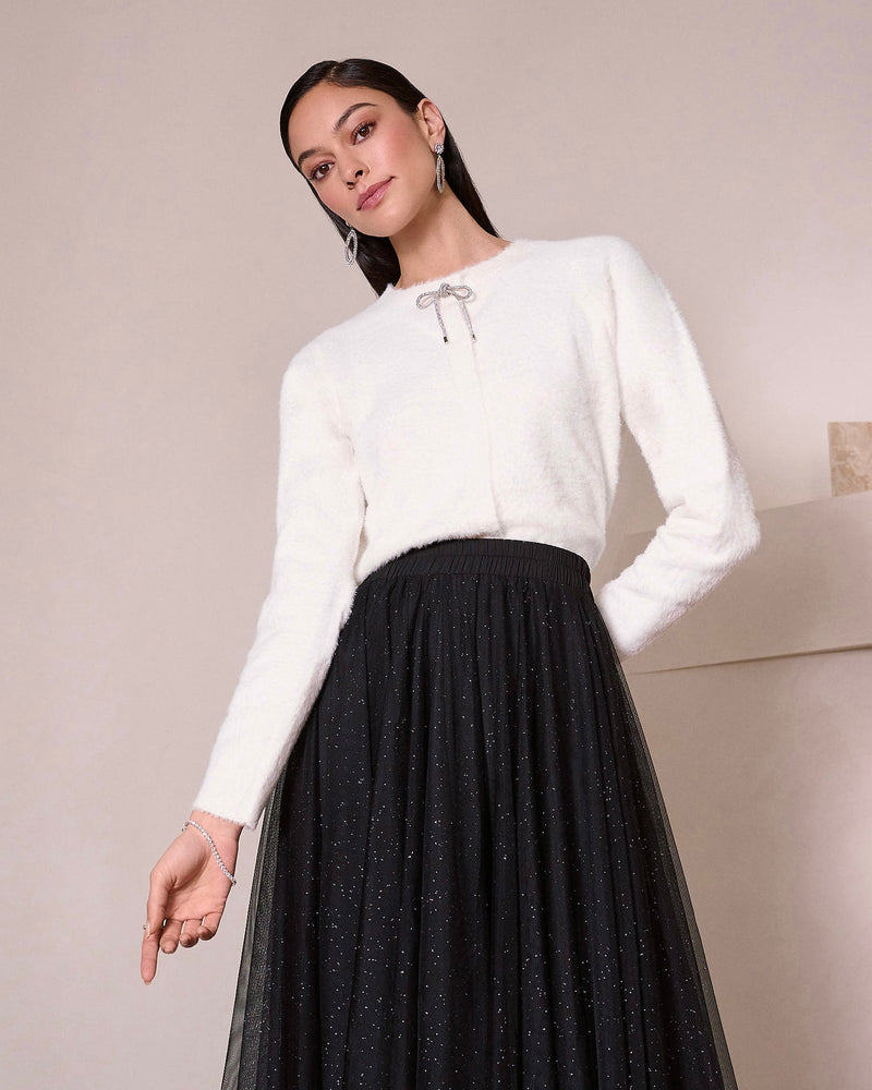 Joseph Ribkoff Feather Yarn Cardigan with Rhinestone Bow