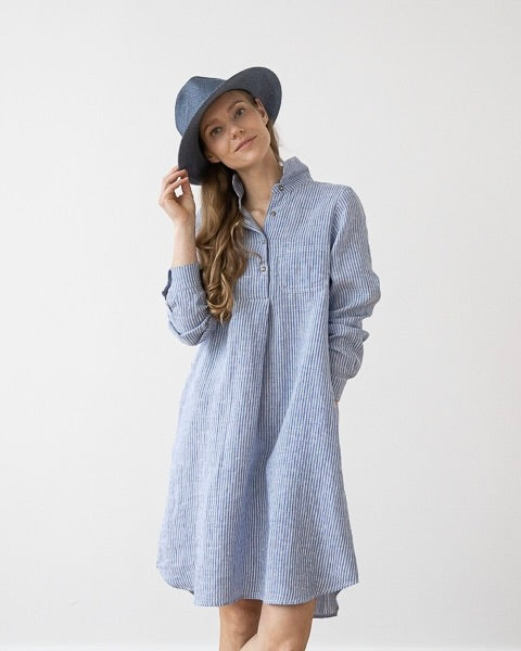 LinenMe Medium Stripe Blue Camilla Linen Dress