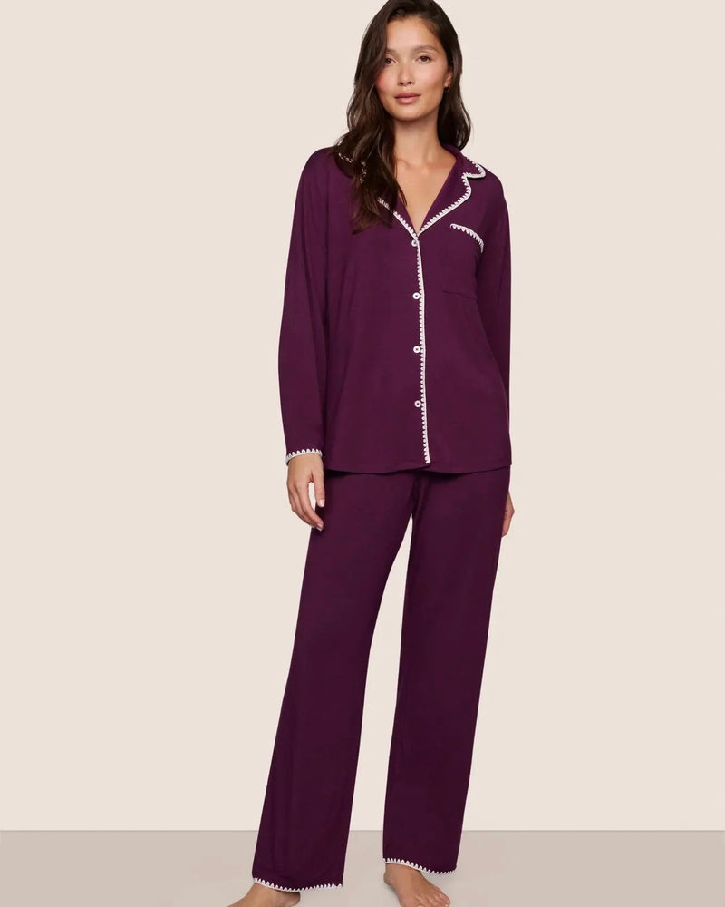 Eberjey Frida Long PJ Set in Plum/Ivory