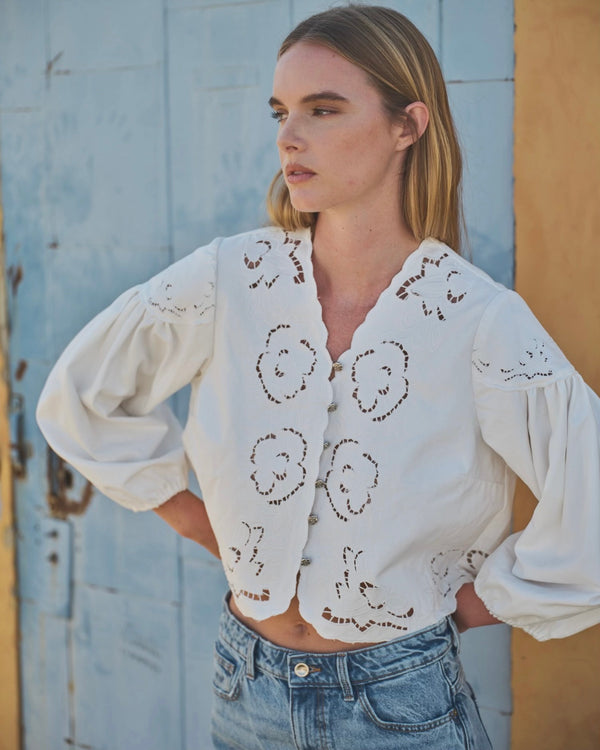 White Denim Floral Embroidery Blouse