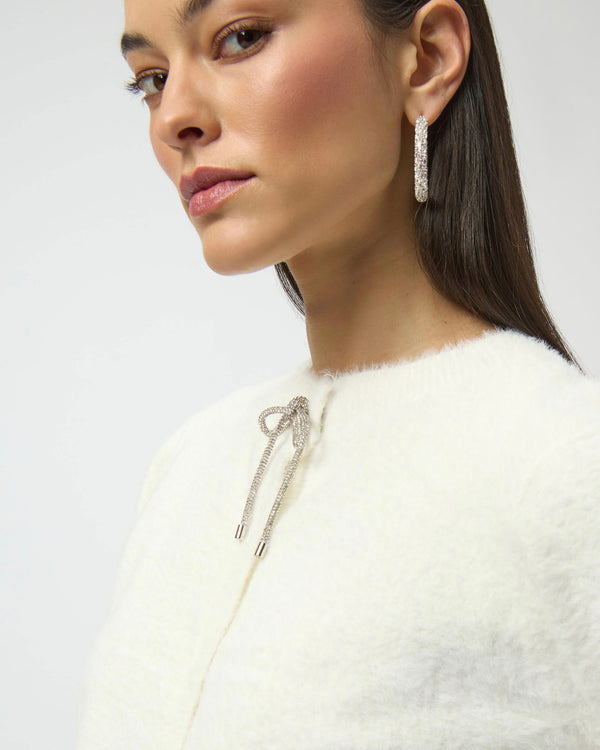 Joseph Ribkoff Feather Yarn Cardigan with Rhinestone Bow