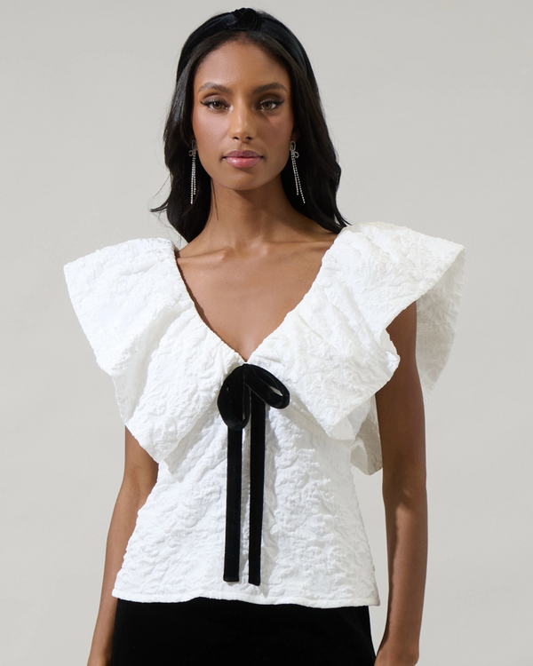 Jacquard Babydoll Top with Velvet Bow