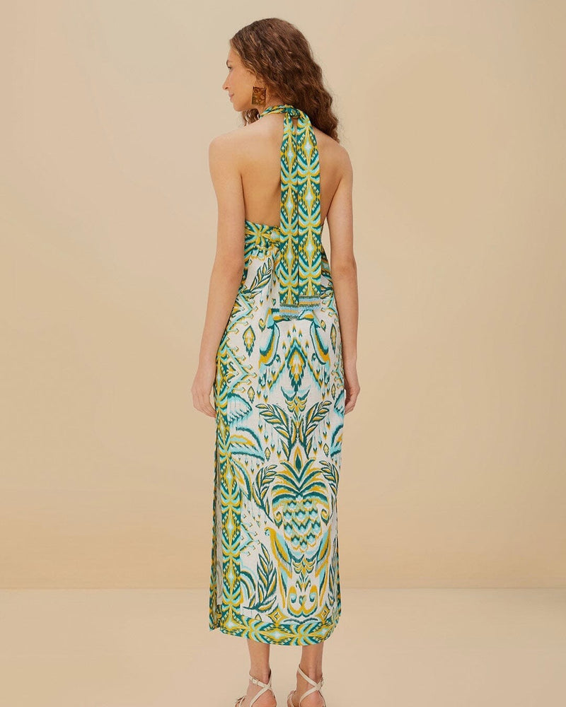 Farm Rio Tropical Tapestry Off-White Halter Neck Maxi Dress