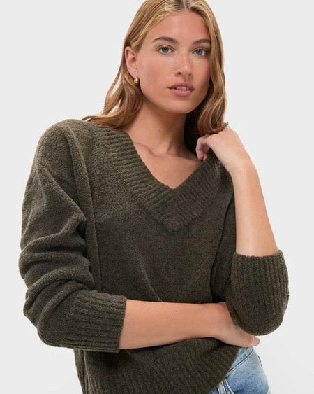 Emerson Fry Boxy V Neck Sweater in Olive Wool