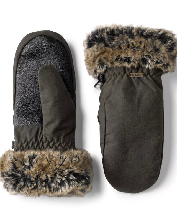 Barbour Wax Mittens with Fur Trim