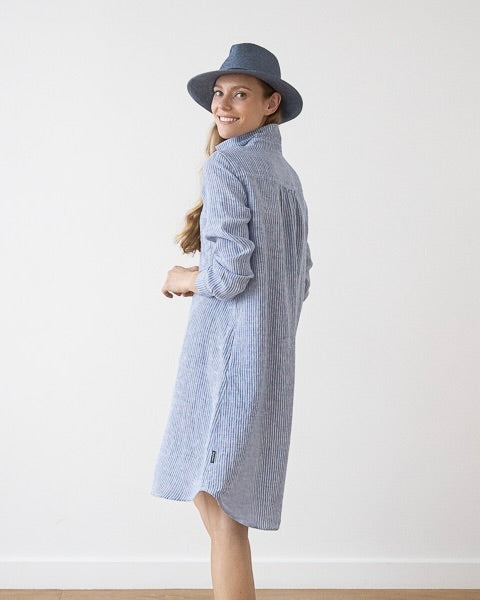 LinenMe Medium Stripe Blue Camilla Linen Dress