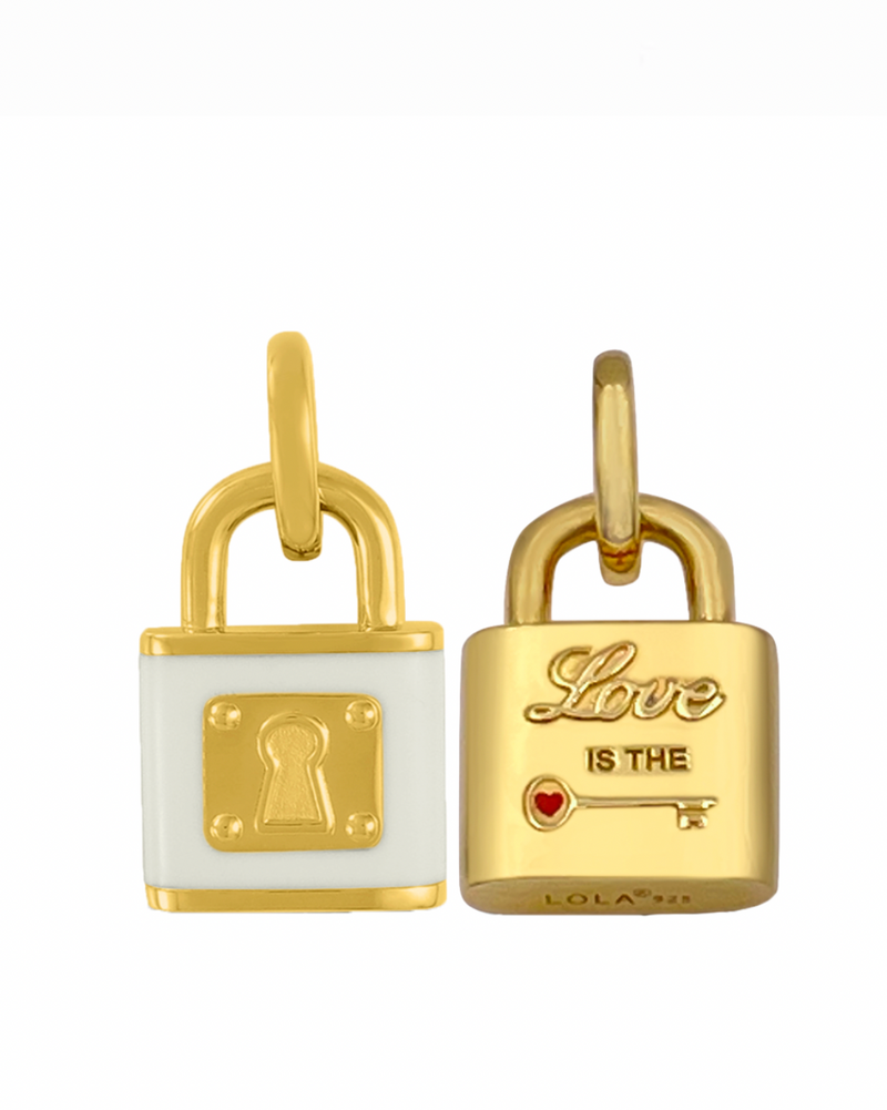 White enamel 14k gold love lock necklace pendant