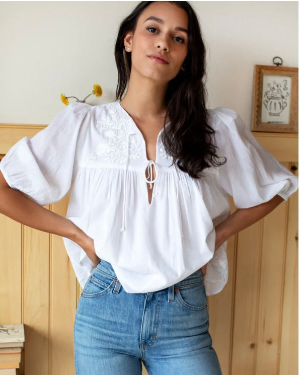 Emerson Fry Embroidered Puff Isla Top in White Organic