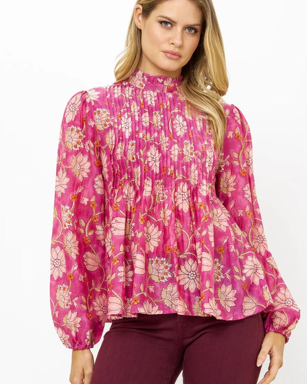 Oliphant Long Sleeve Pintuck Blouse in Presidio Magenta