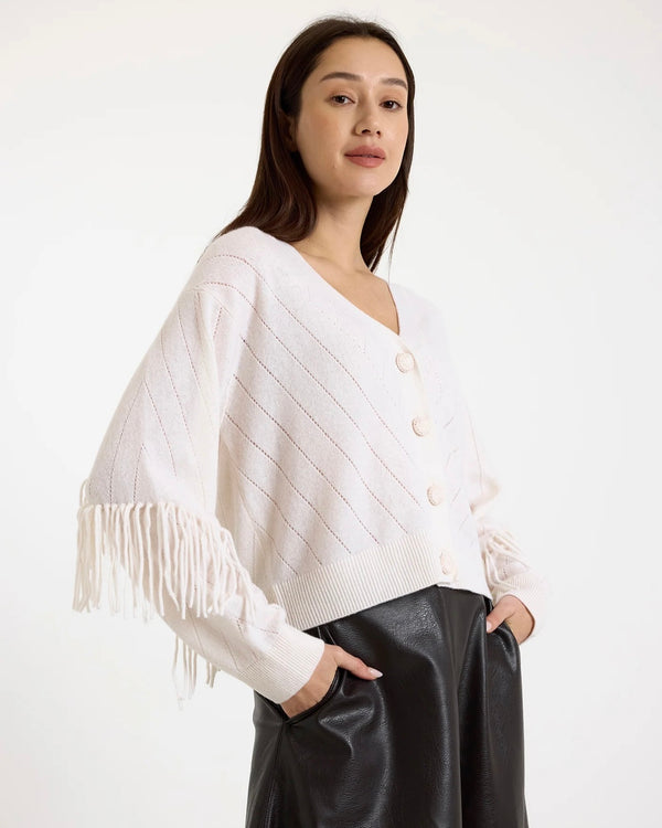 Brodie Ashley Fringe Cardi in Organic White
