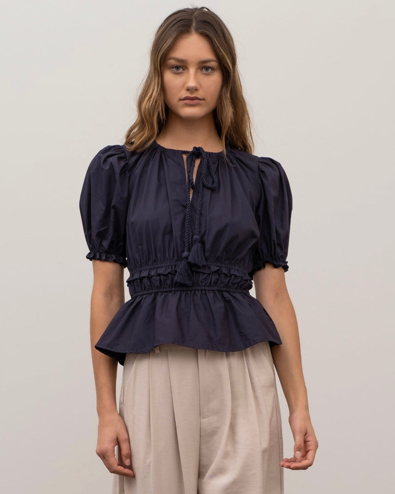 Moon River gathered neck shirred ruffle top