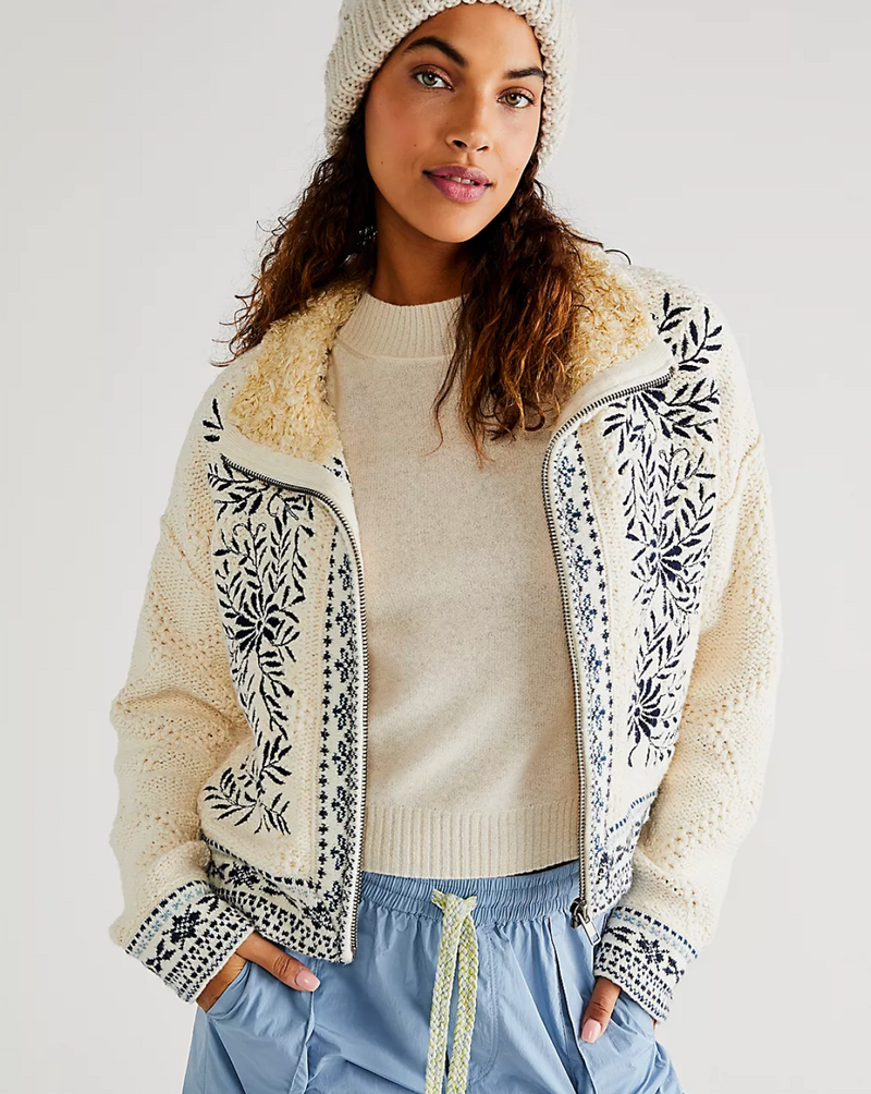 embroidered zip up cardigan