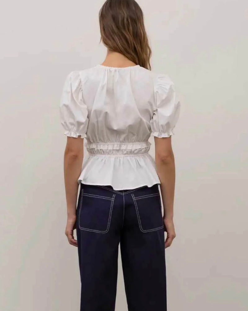 Moon River gathered neck shirred ruffle top